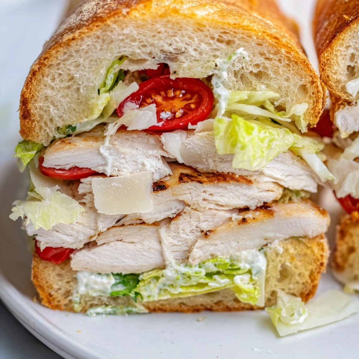 Juicy grilled chicken Caesar sandwich with crisp romaine and parmesan on golden toasted ciabatta