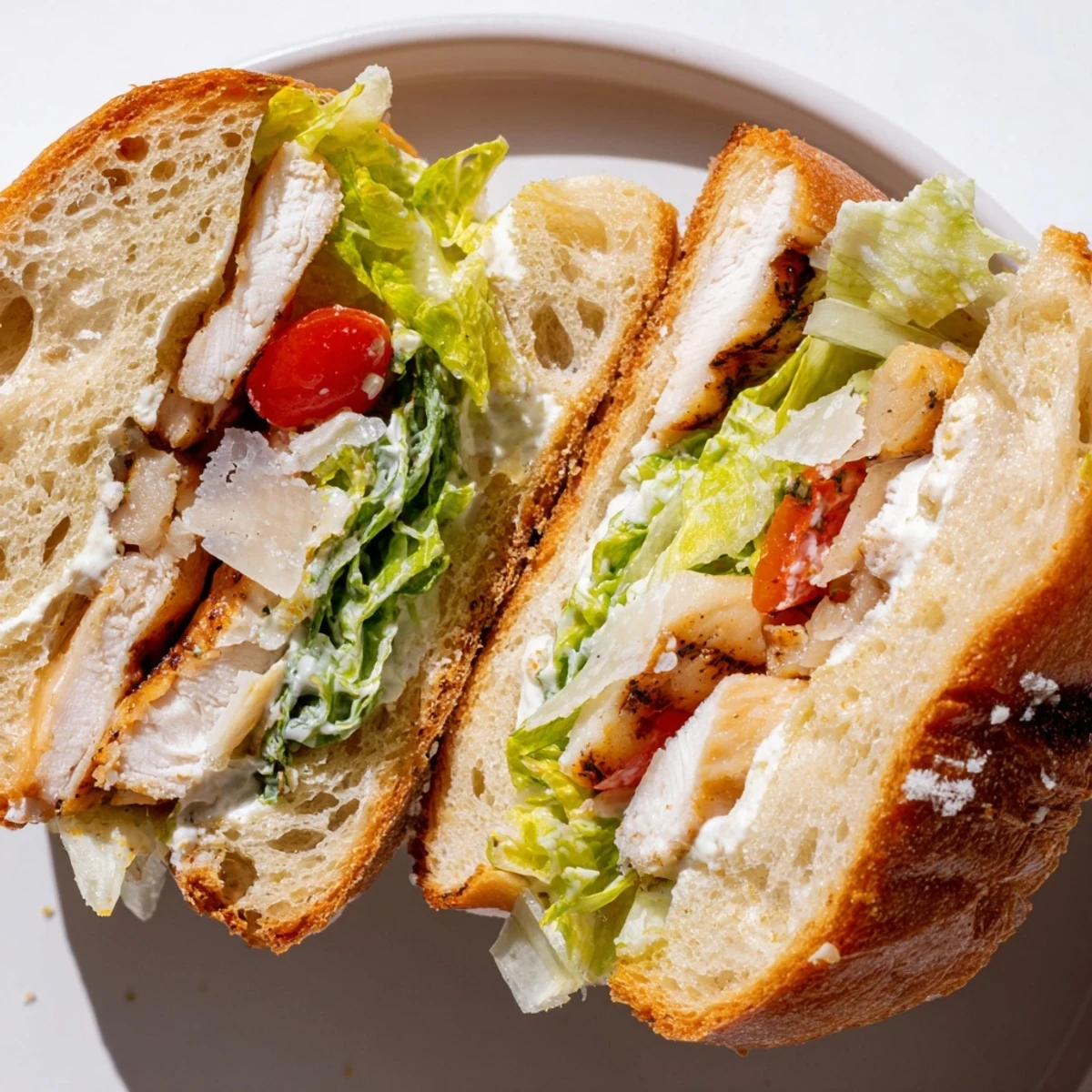Toasted chicken Caesar sandwich layered with creamy dressing and fresh shredded lettuce cut in half