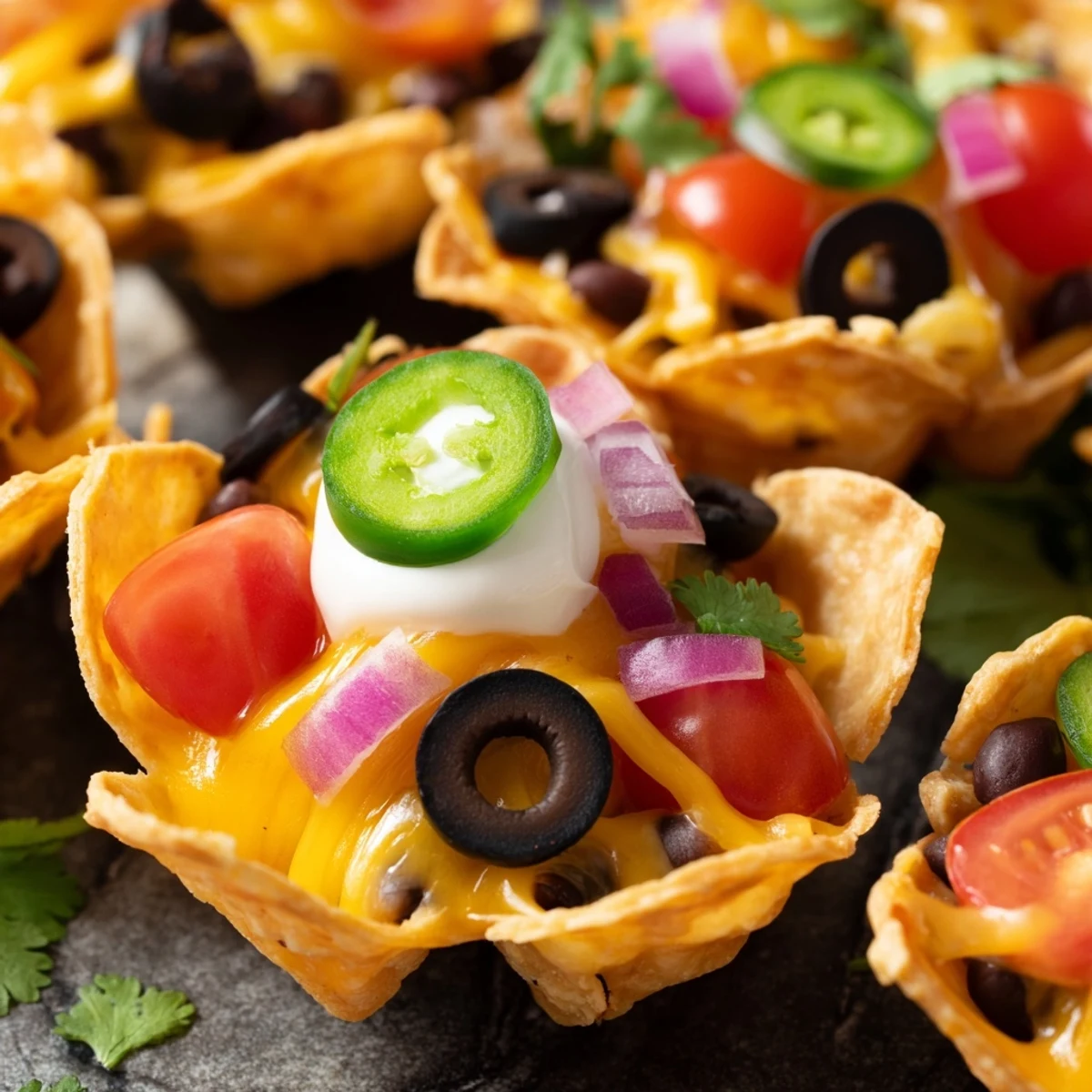 Golden cheesy nacho cups topped with beans, tomatoes, and sour cream on a rustic serving board.