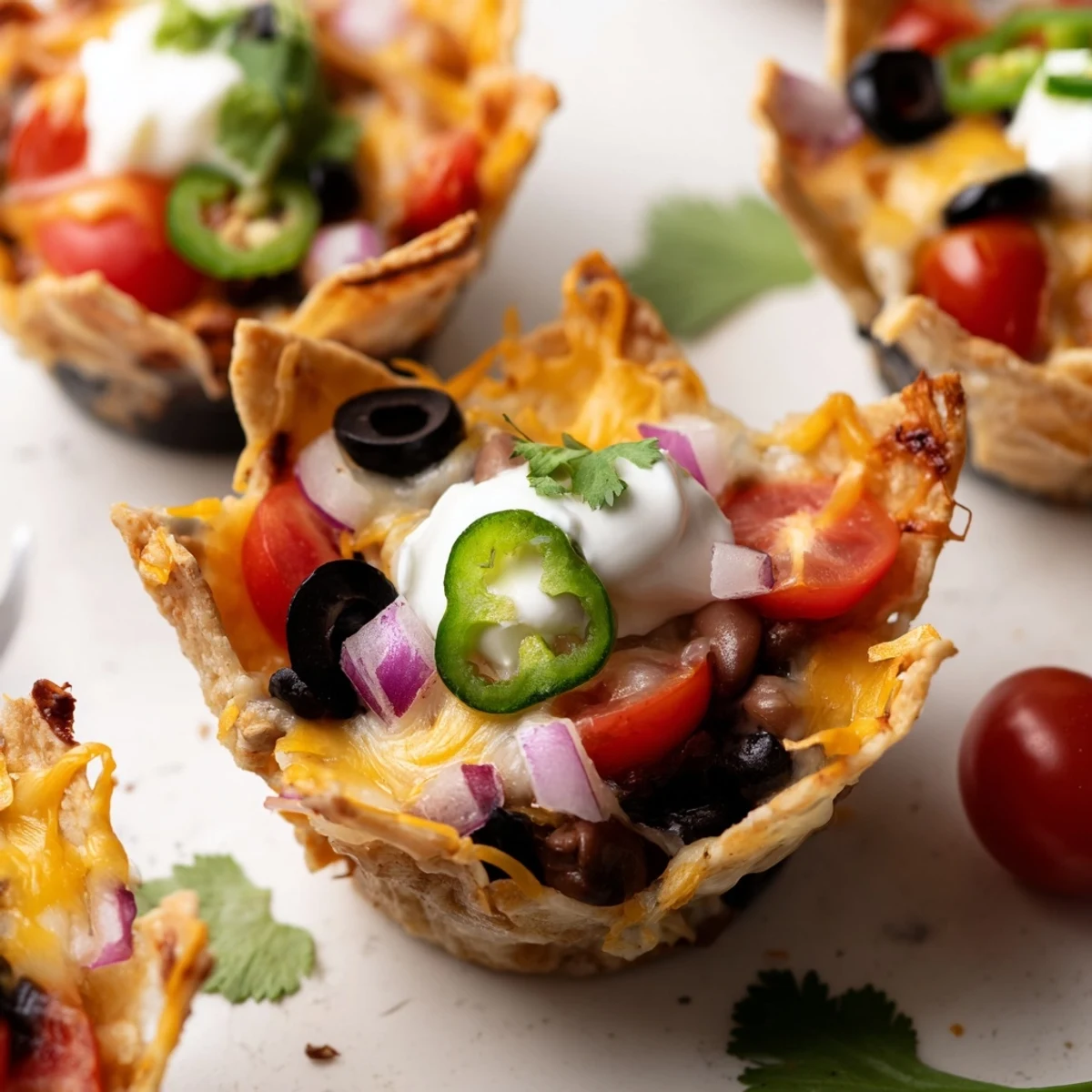Crispy tortilla cups overflowing with melted cheddar, black beans, and colorful fresh game day toppings.