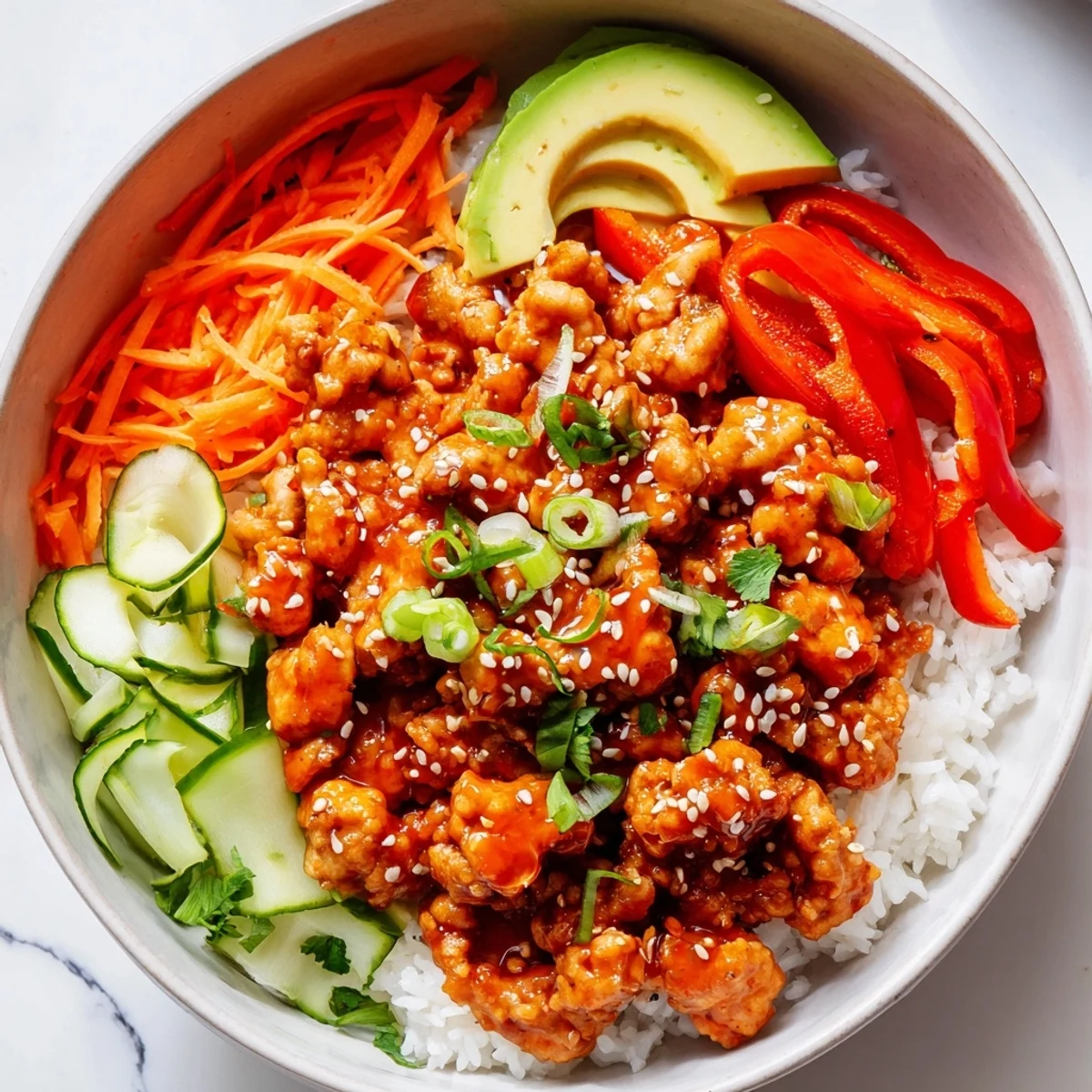 Spicy firecracker ground chicken bowls topped with crisp vegetables and sesame seeds