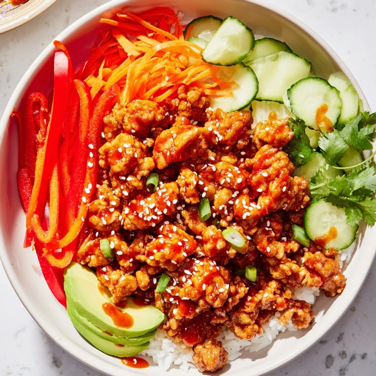 Firecracker ground chicken bowls with glossy sauce crisp veggies and tender rice