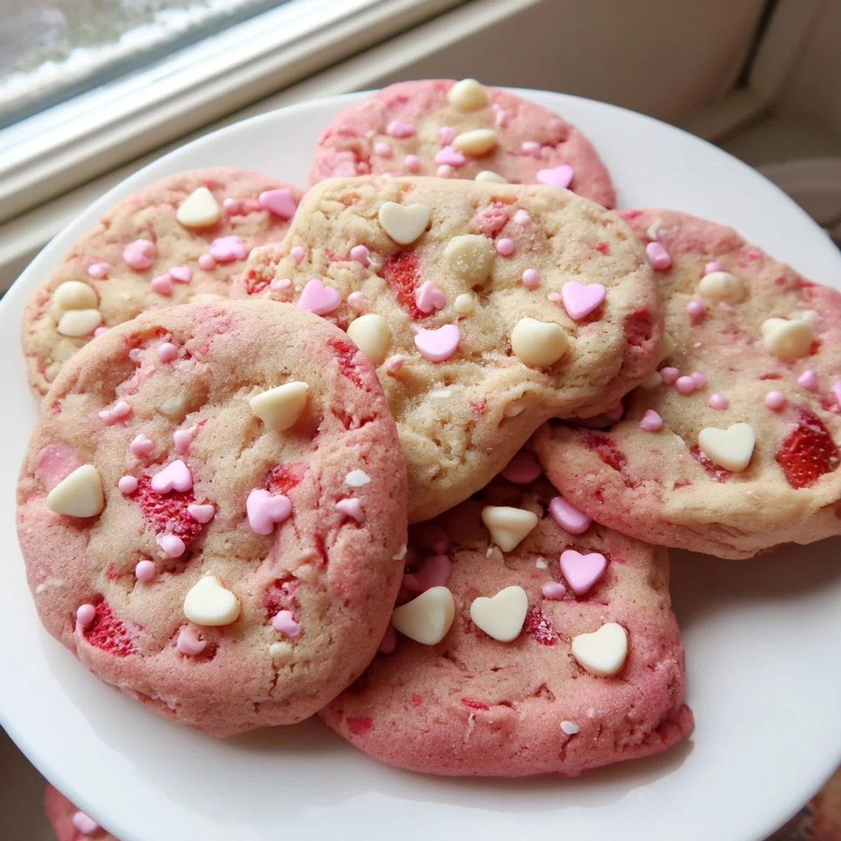 Soft pink Valentine strawberry cookies with white chocolate chips on a rustic baking sheet
