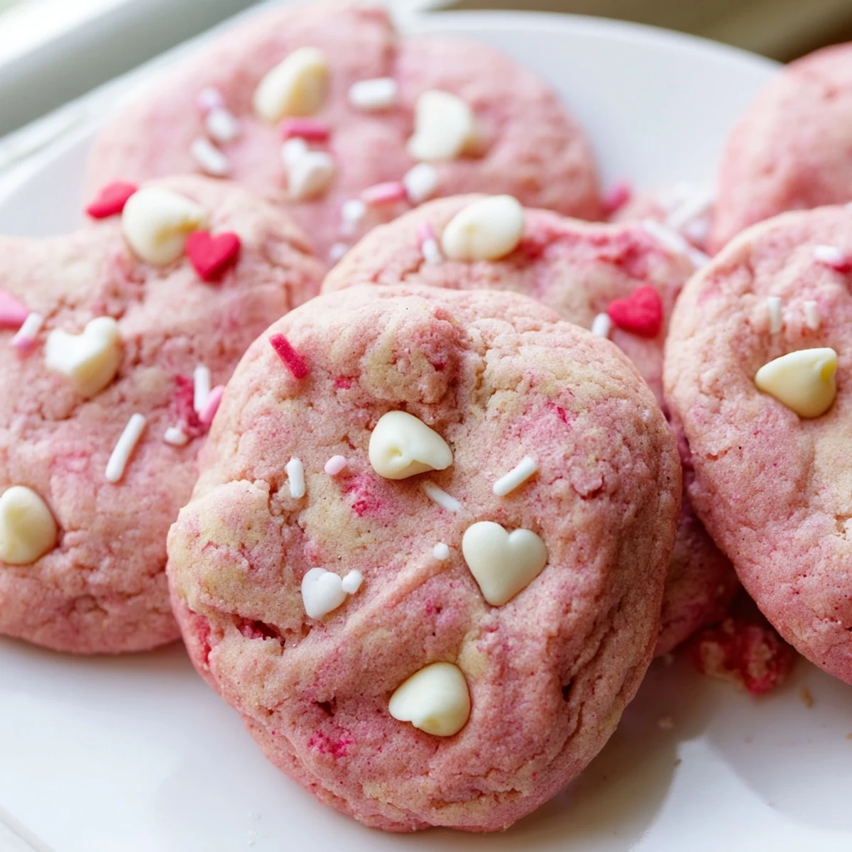 Chewy Valentine strawberry cookies topped with heart-shaped sprinkles arranged on a decorative plate