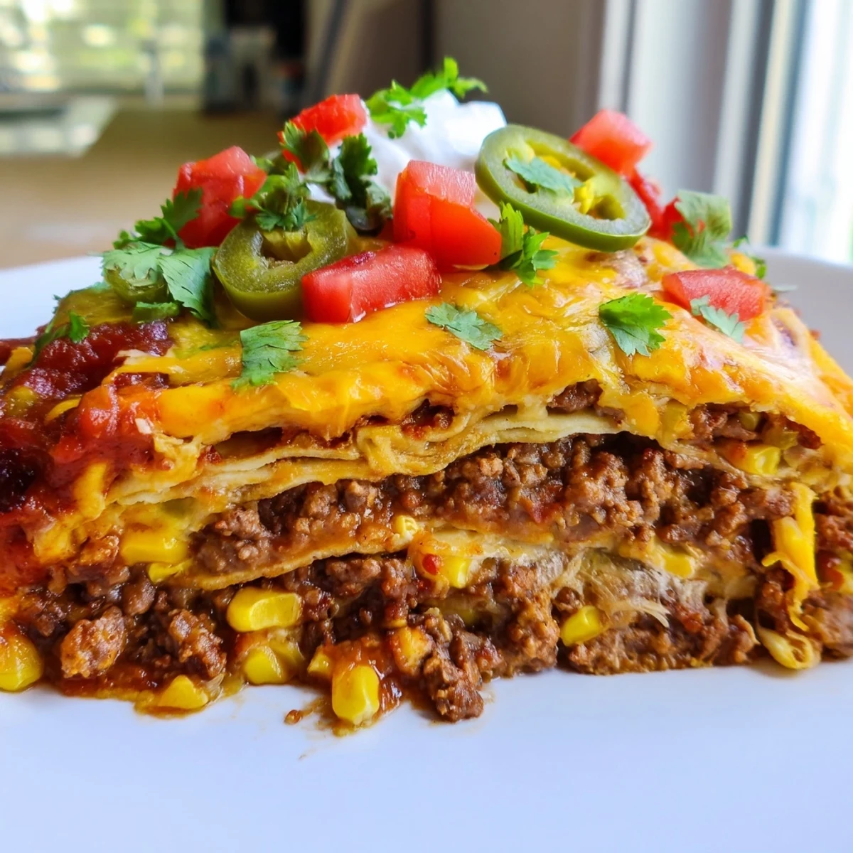 Baked beef enchilada casserole with layers of melted cheese and seasoned beef in golden baking dish