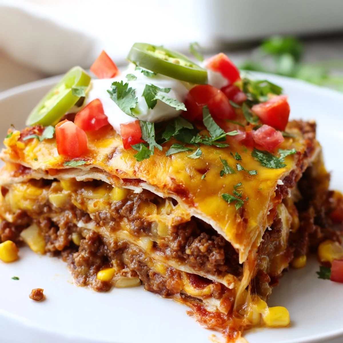 Bubbly baked beef enchilada casserole topped with melted cheddar and fresh cilantro garnish