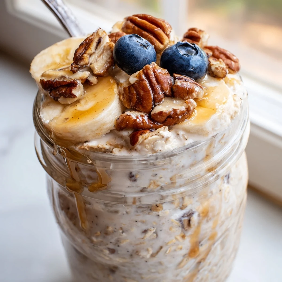 Creamy Maple Cinnamon Pecan Overnight Oats served in a jar with crunchy pecan topping