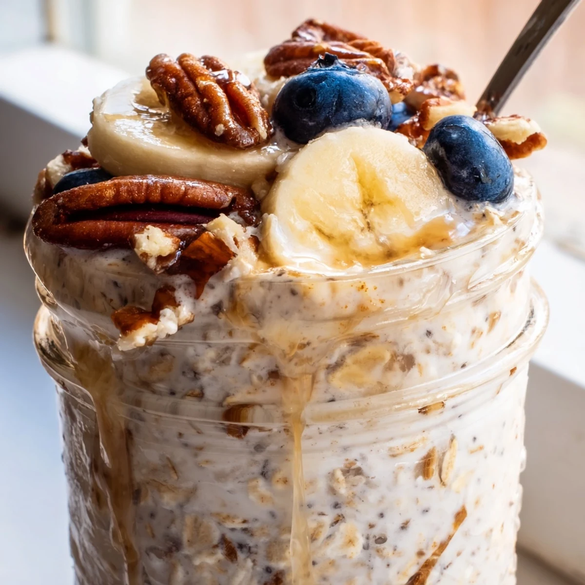 Maple Cinnamon Pecan Overnight Oats topped with toasted nuts and a golden maple drizzle