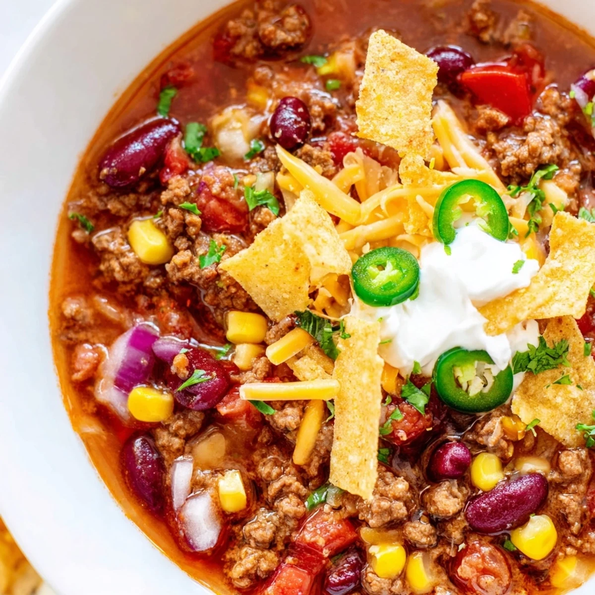 Creamy crockpot ground beef taco soup loaded with tender beans, sweet corn, and vibrant red bell pepper