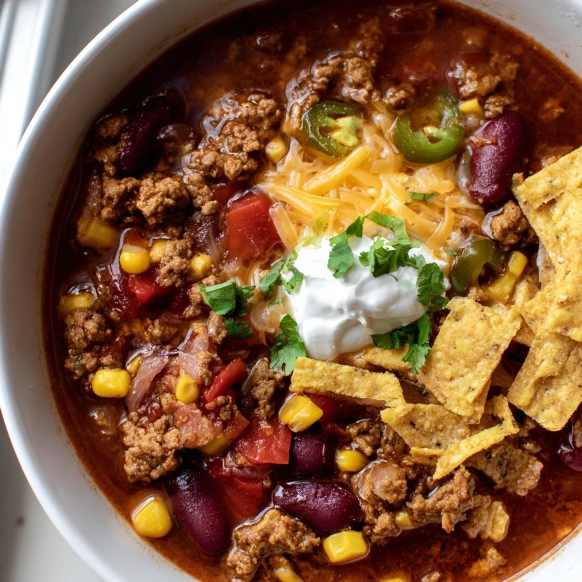 A steaming bowl of crockpot ground beef taco soup topped with melted shredded cheese and crispy tortilla chips