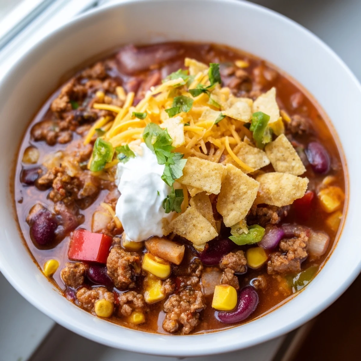 Thick, rustic crockpot ground beef taco soup garnished with a dollop of sour cream and fresh cilantro