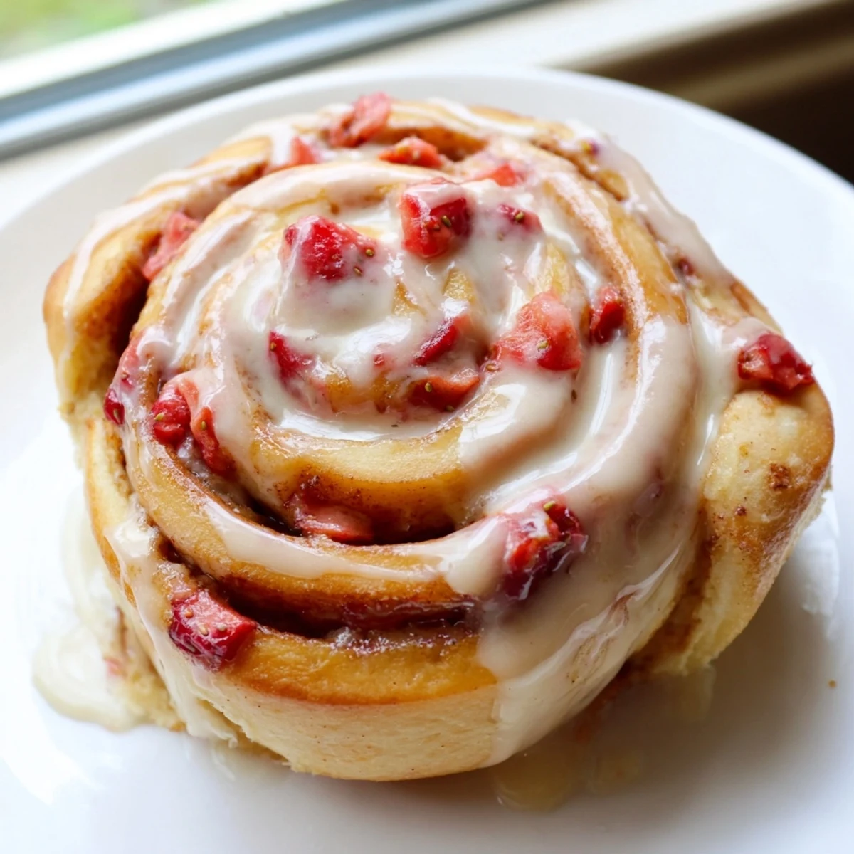 Golden strawberry cinnamon rolls swirled with sweet fruit and drizzled cream cheese glaze