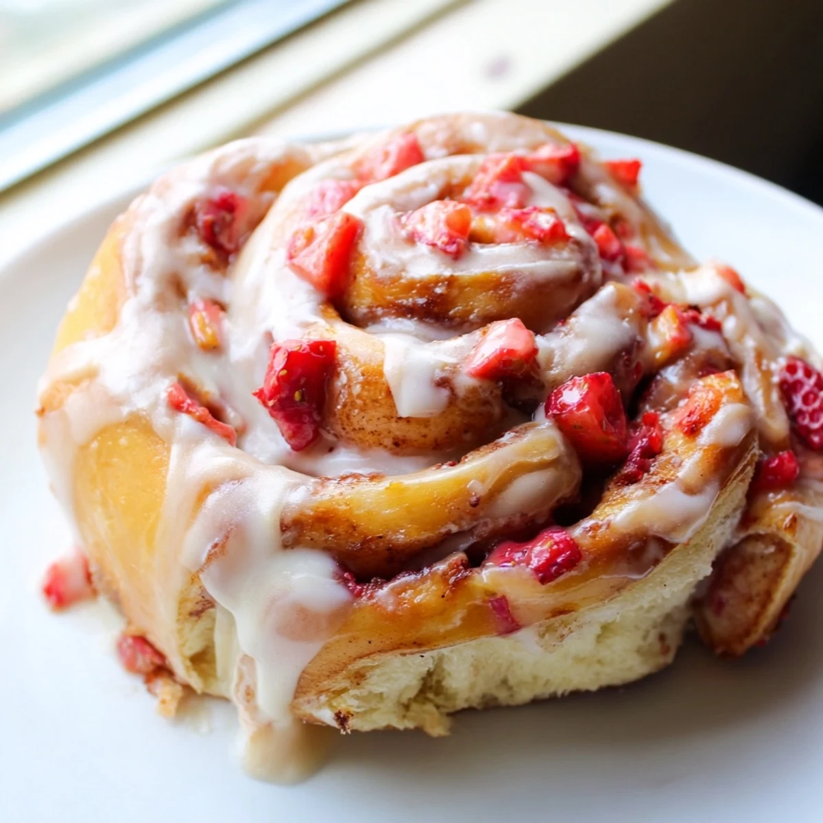 Warm strawberry cinnamon rolls pulled apart revealing gooey cinnamon sugar filling and juicy berries