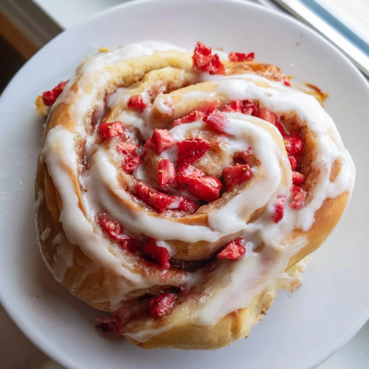 Freshly baked strawberry cinnamon rolls topped with thick cream cheese glaze on a rustic pan