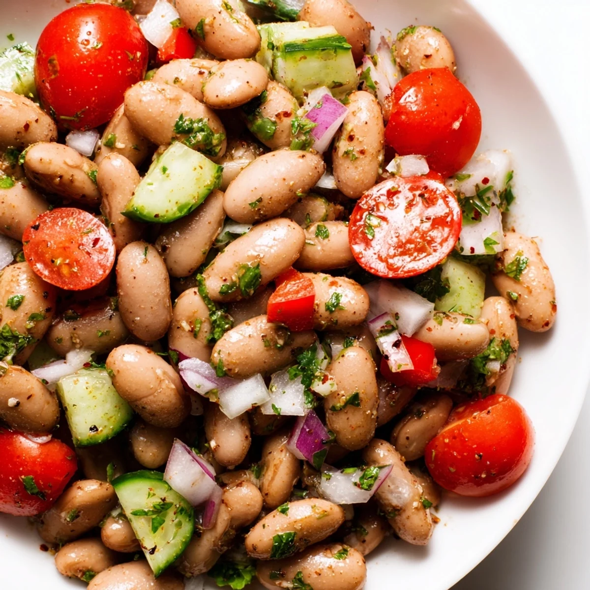 Colorful pinto bean salad with ripe tomatoes, crisp cucumber, and zesty lime dressing