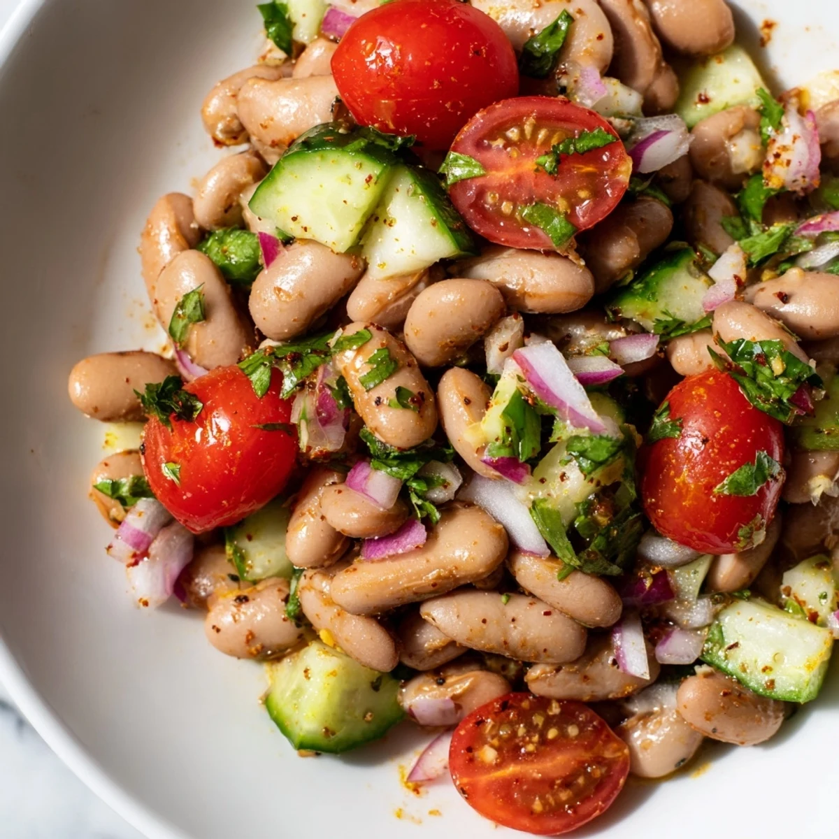 A bright pinto bean salad served in a rustic bowl, perfect for summer picnics