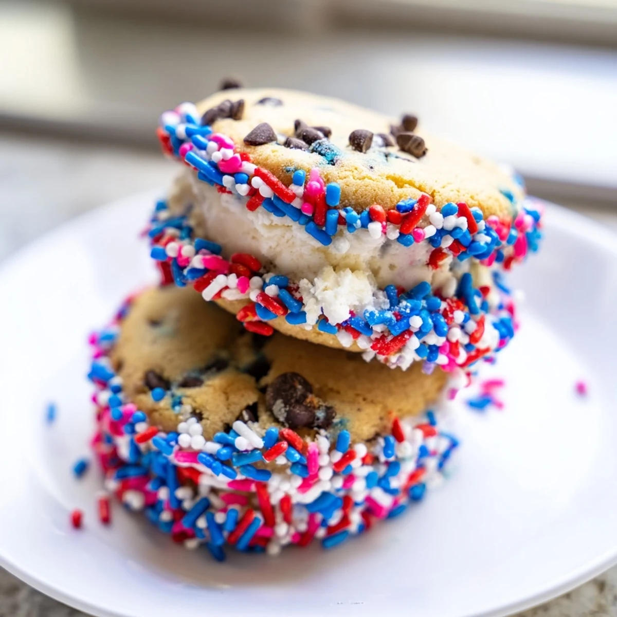Patriotic mini ice cream sandwiches coated in red white and blue sprinkles on a festive tray