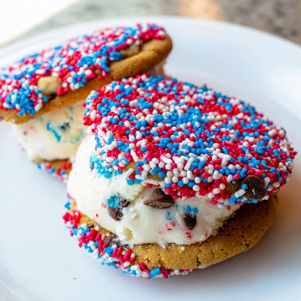 Bite-sized patriotic mini ice cream sandwiches with vanilla filling and colorful sprinkle edges ready to serve