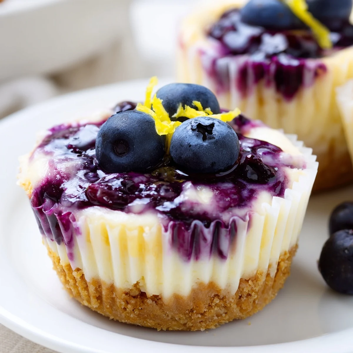 Tangy mini lemon blueberry cheesecakes with swirled fruit topping served chilled on decorative plates