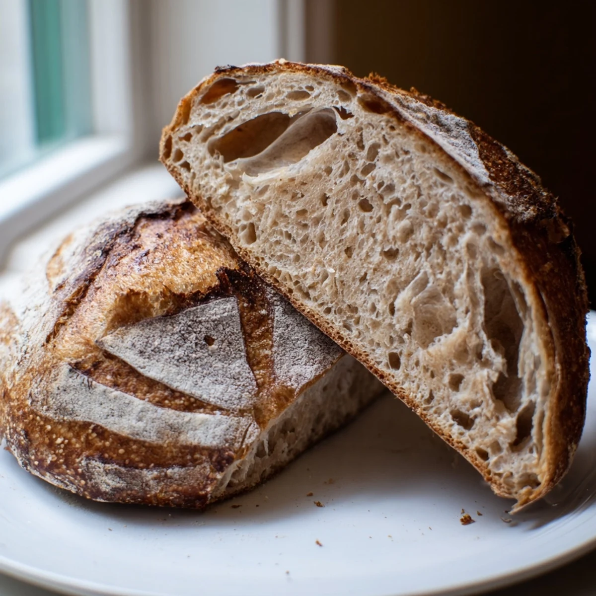 Rustic sourdough bread round scored with diagonal slashes on a floured wooden peel