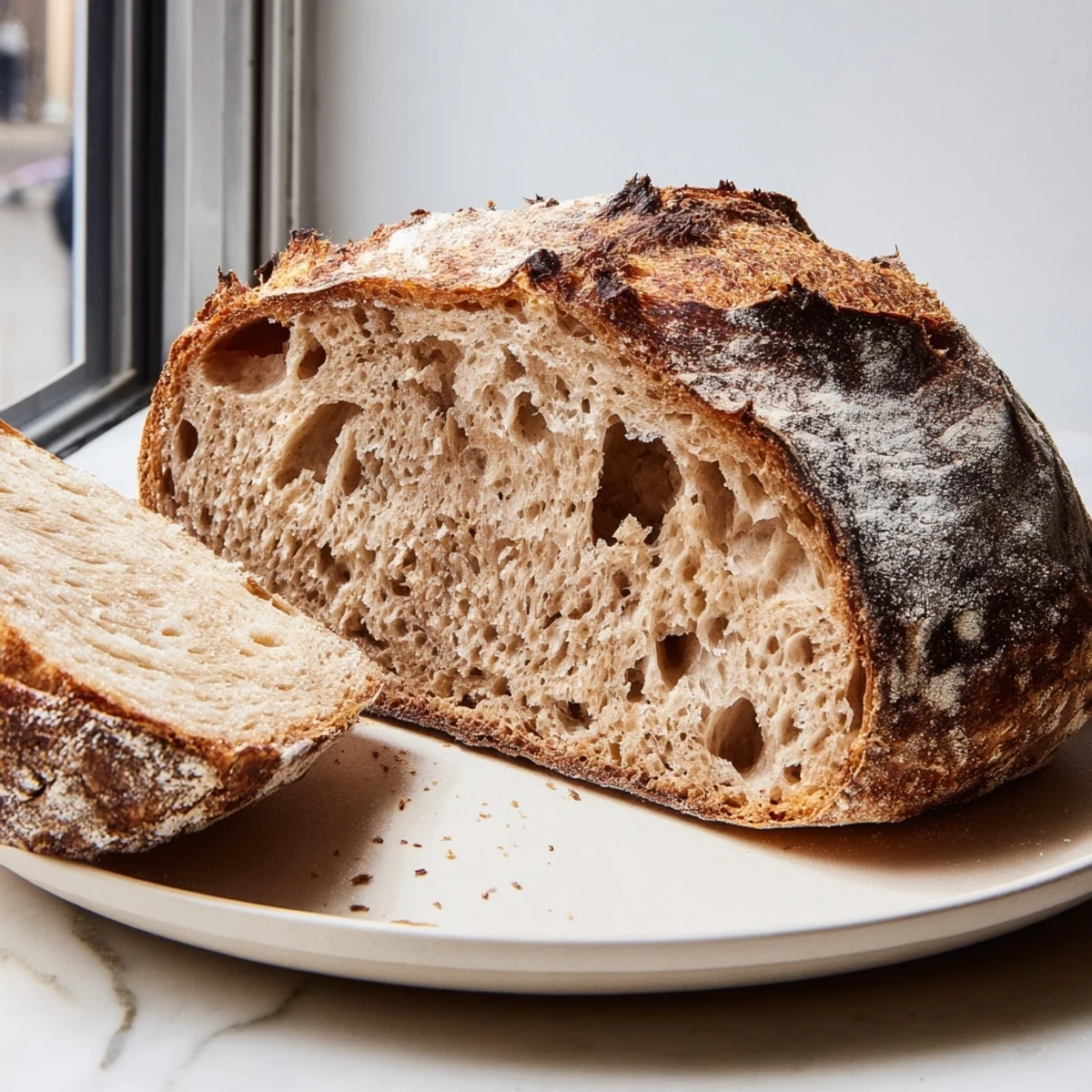 Crusty sourdough bread sliced open revealing a soft chewy crumb with visible bubbles