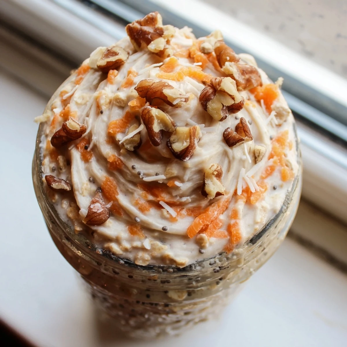 Carrot Cake Overnight Oats topped with cream cheese drizzle and crushed walnuts