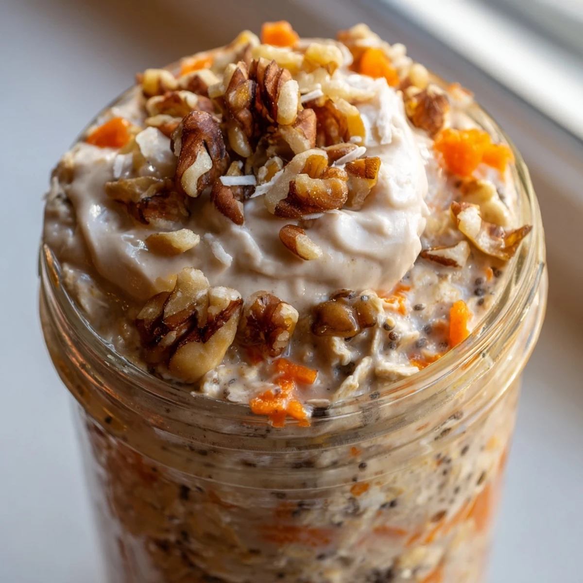 Creamy Carrot Cake Overnight Oats in a mason jar with cinnamon and raisins