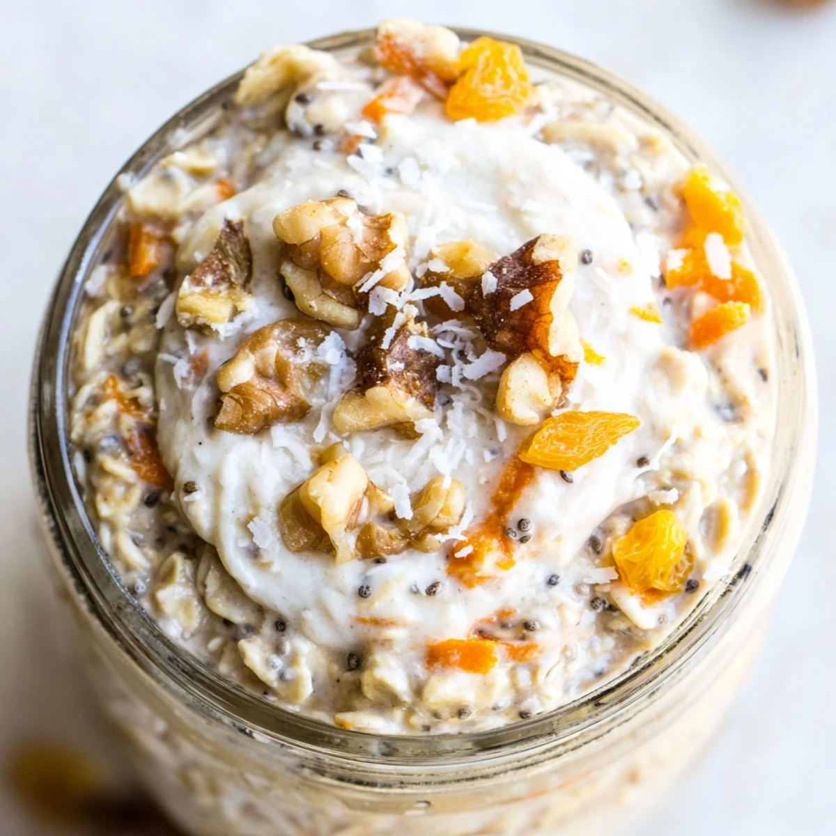 Spoon diving into spiced Carrot Cake Overnight Oats garnished with grated carrot and pecans