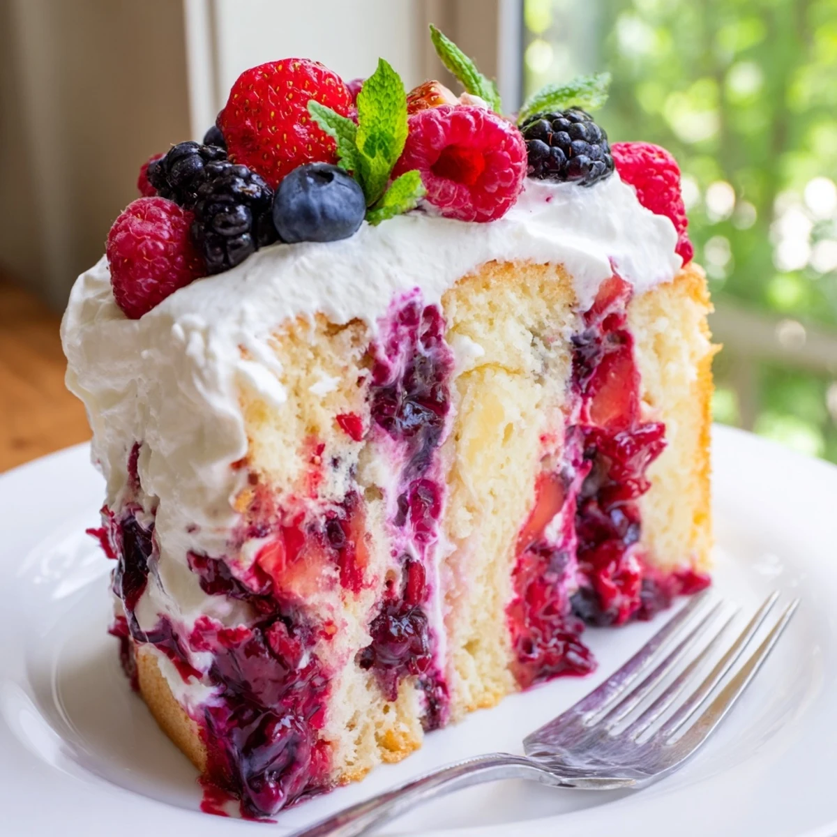 Summer Berry Poke Cake topped with fresh whipped cream and colorful mixed berries