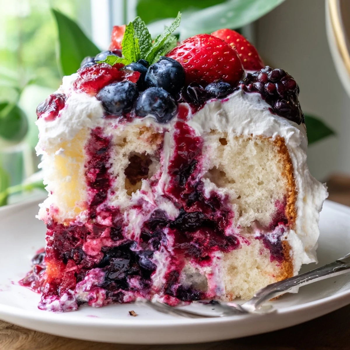 A slice of Summer Berry Poke Cake with vibrant berry sauce soaking into vanilla cake
