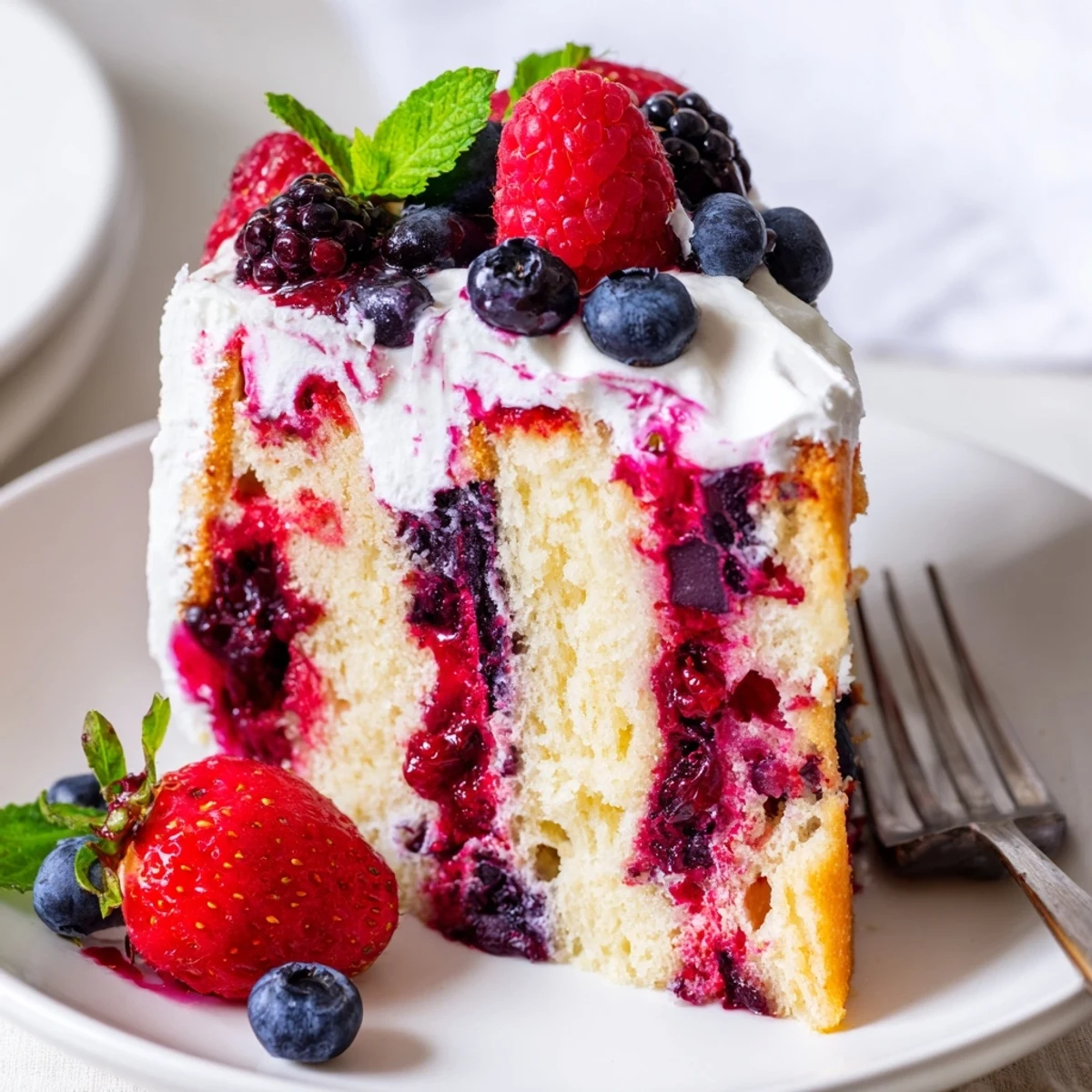 Summer Berry Poke Cake garnished with ripe strawberries and blueberries on a white platter
