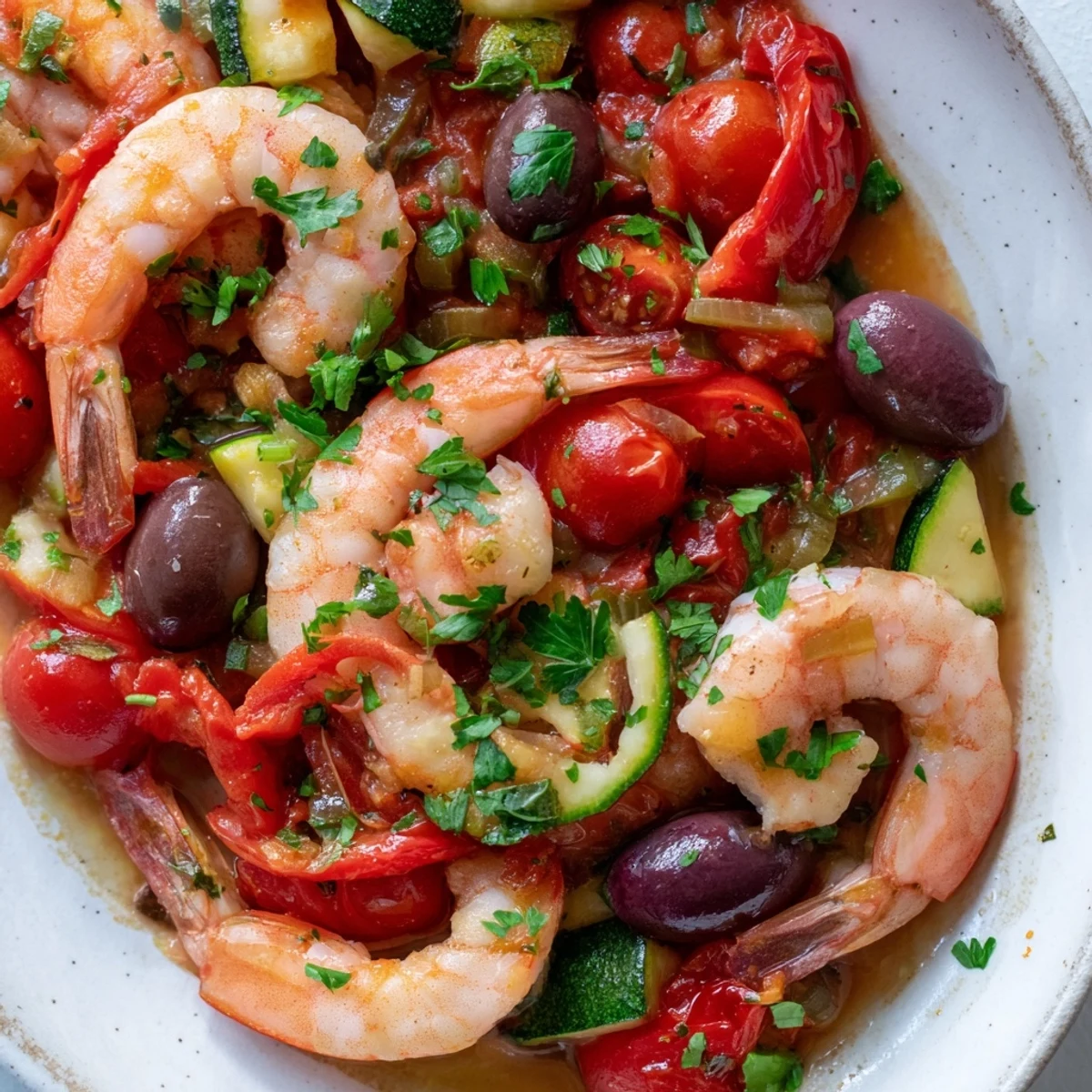 A steaming Mediterranean shrimp skillet finished with bright lemon wedges and chopped parsley over tender zucchini