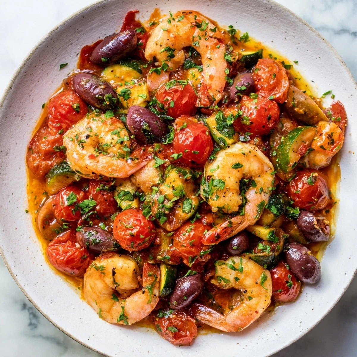 Pink juicy shrimp surrounded by red bell pepper and halved tomatoes in a sizzling Mediterranean shrimp skillet