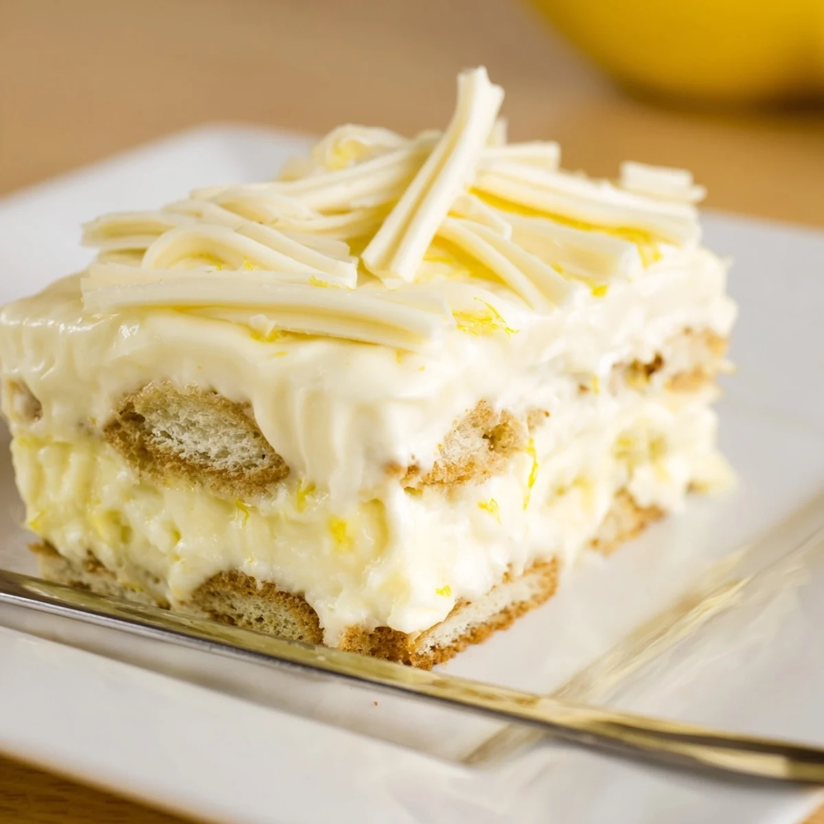 Layers of creamy lemon tiramisu topped with fresh zest and white chocolate curls