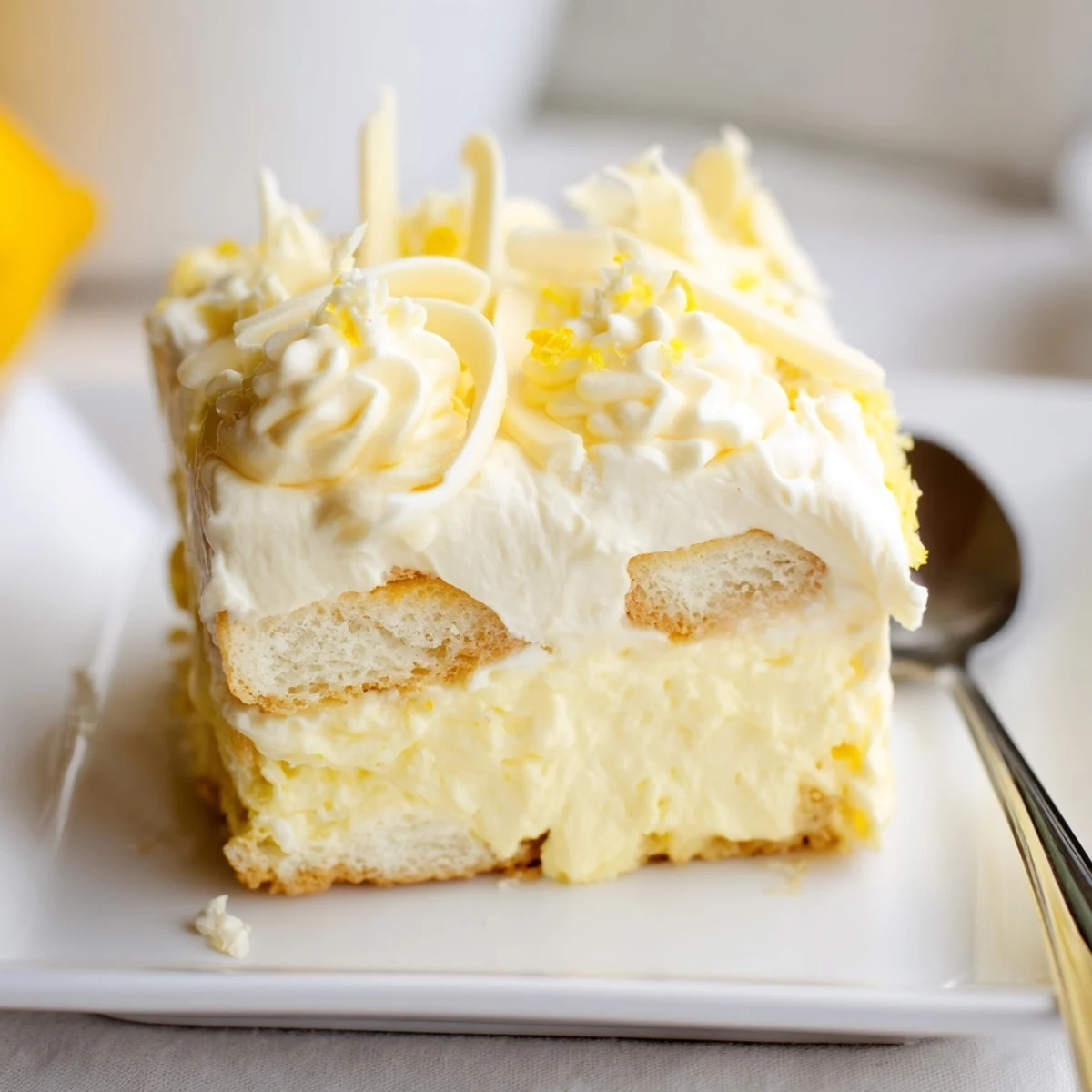 No-bake lemon tiramisu slices served chilled with a dusting of bright lemon zest