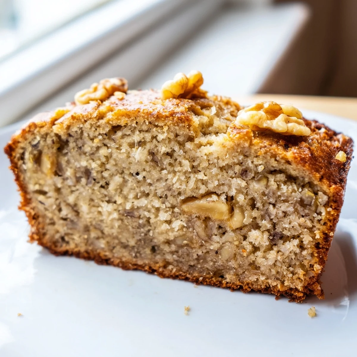 Warm slice of banana nut bread drizzled with butter on a cozy breakfast plate