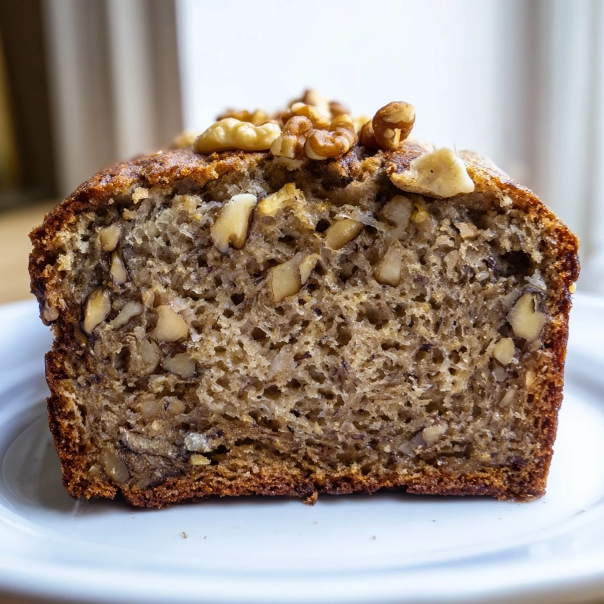 Moist banana nut bread with crunchy walnut pieces, freshly baked in a parchment-lined pan