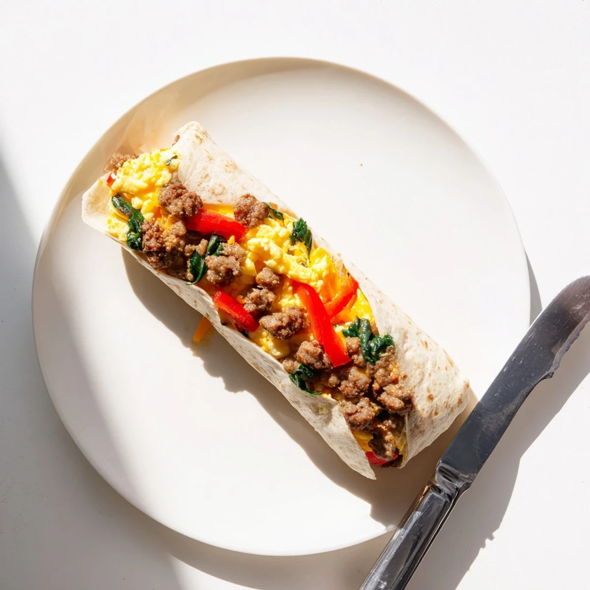 Golden freezer breakfast burritos stuffed with scrambled eggs, sausage, and melted cheddar