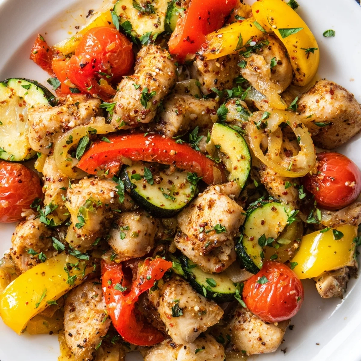 Golden brown chicken and colorful vegetables sizzling in a quick flavorful one pan dish
