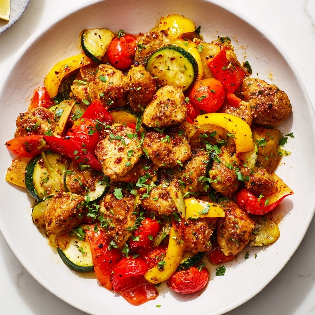 A steaming skillet of quick flavorful one pan dish topped with fresh parsley and lemon