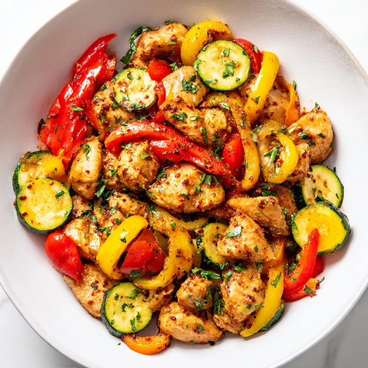 Tender spiced chicken nestled among roasted peppers in this quick flavorful one pan dish