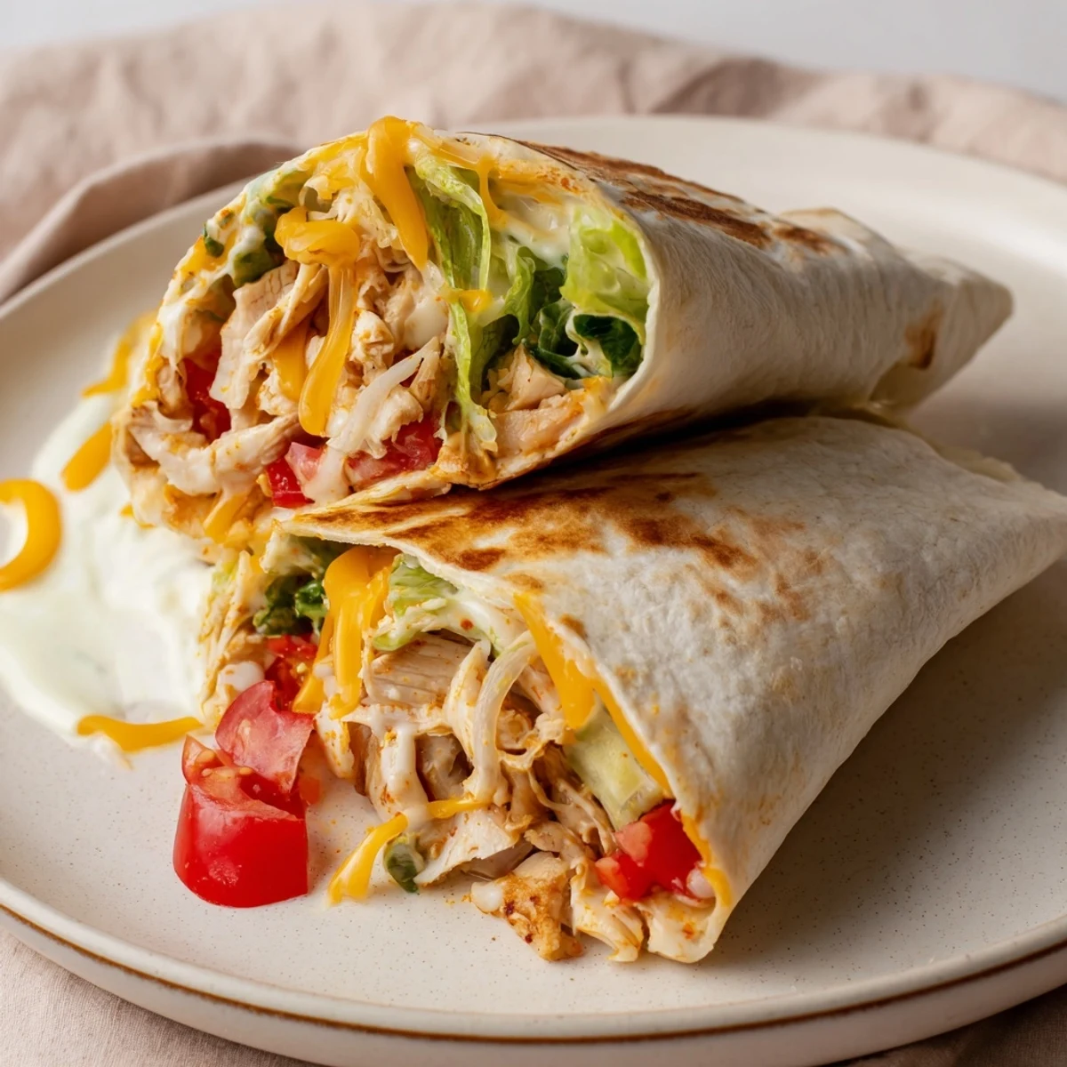 Cheesy Garlic Chicken Wraps with melted cheddar, warm tortilla and crisp lettuce