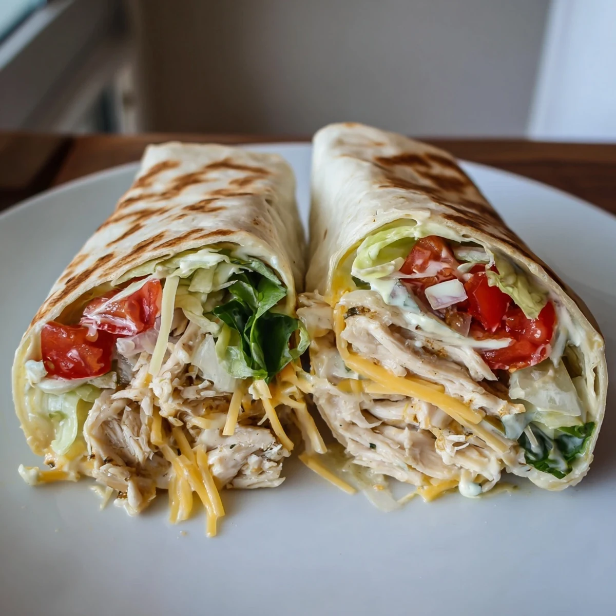 Warm Cheesy Garlic Chicken Wraps sliced in half, gooey cheese and garlic aroma
