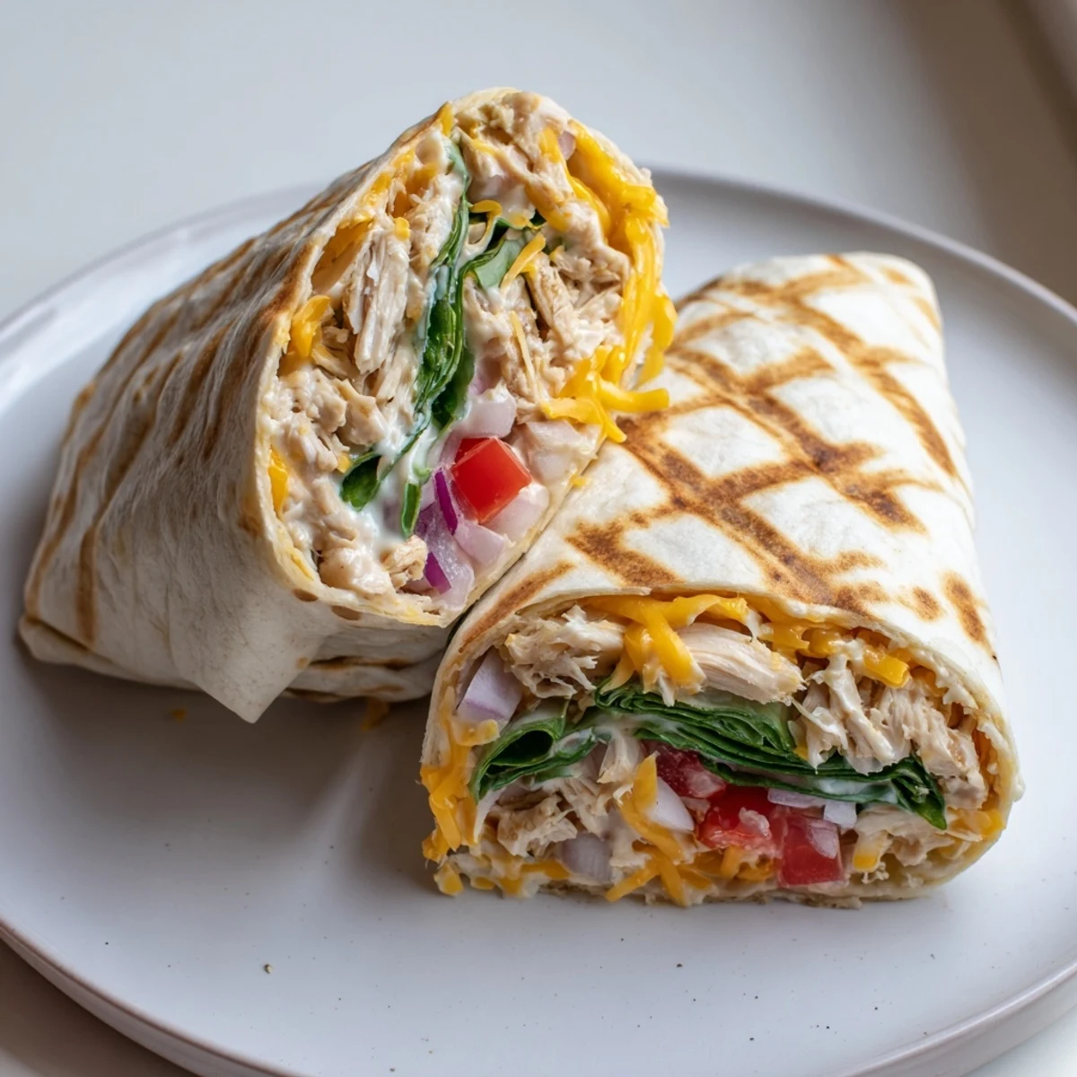Family-style Cheesy Garlic Chicken Wraps served with lemony parsley sauce and tomato