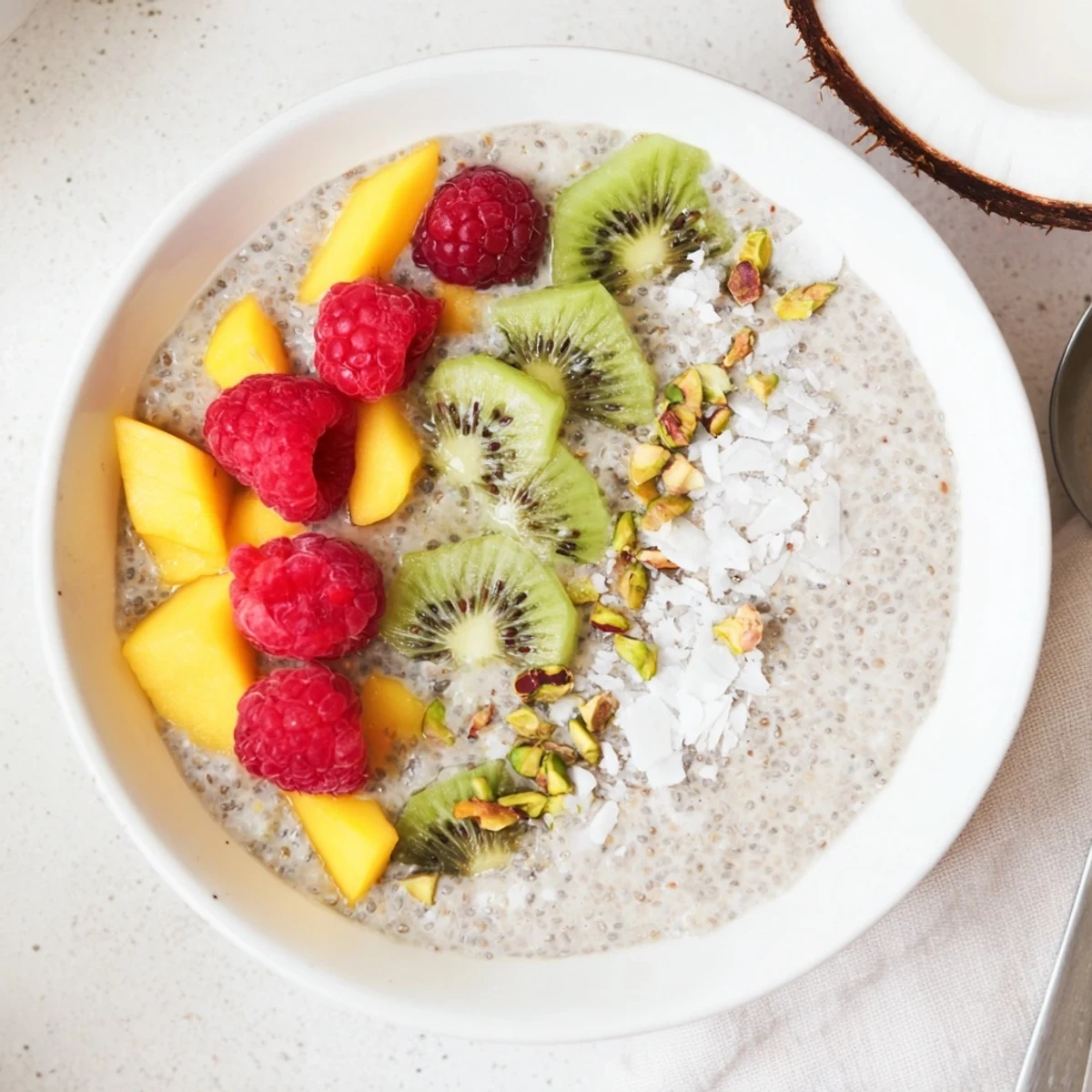 Coconut Chia Pudding topped with mango and toasted coconut flakes, chilled