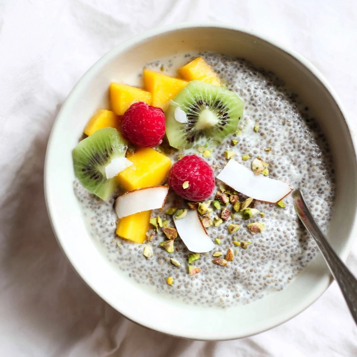 Creamy Coconut Chia Pudding spooned into glasses with berries and crunchy nuts