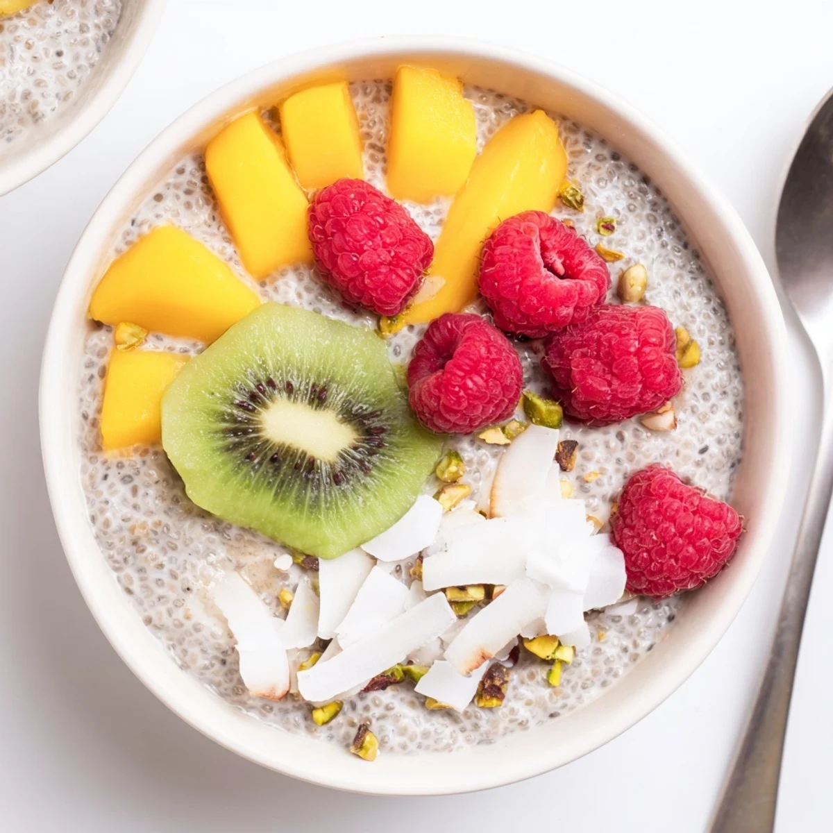 Silky Coconut Chia Pudding set overnight, garnished with kiwi and maple drizzle