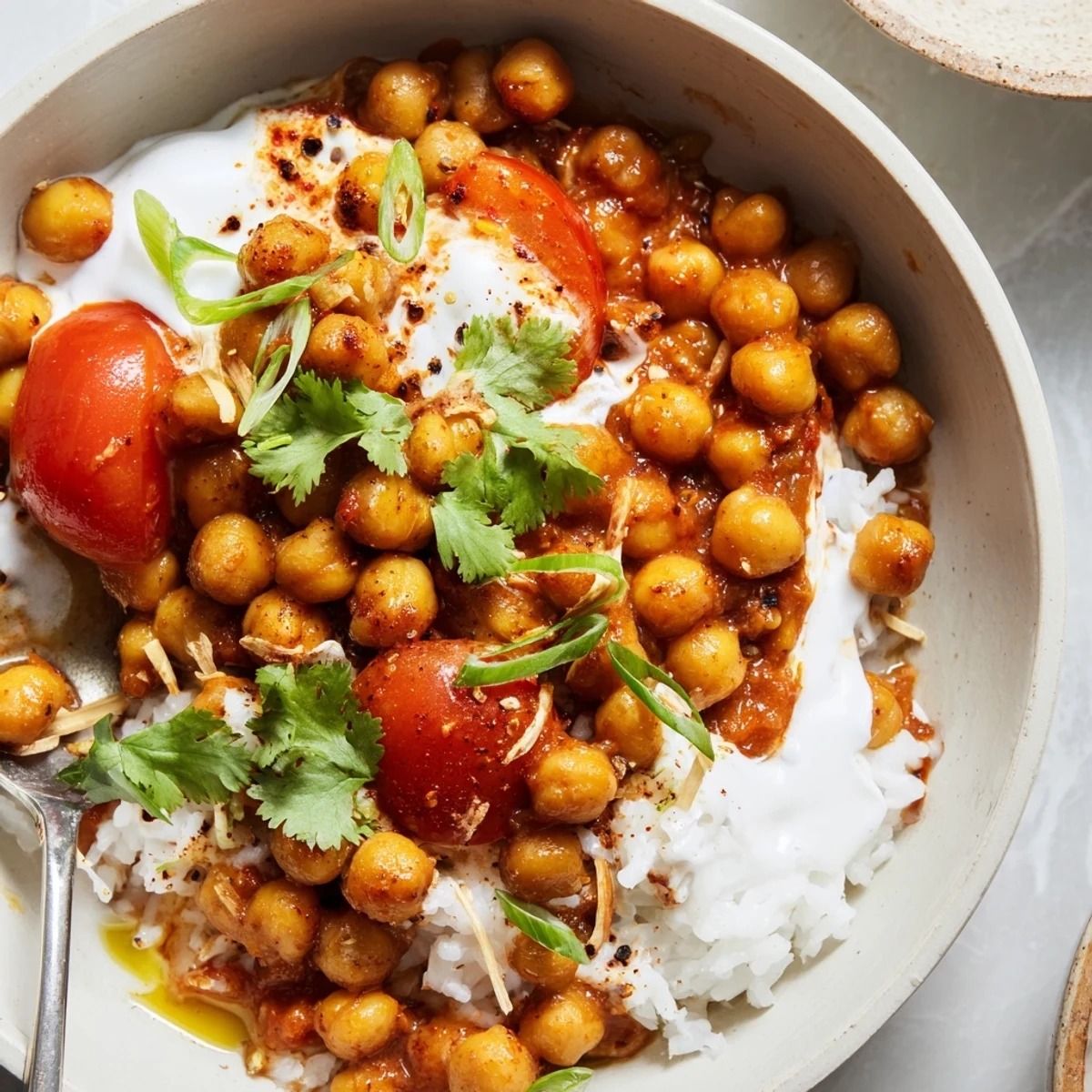 Greek Yogurt Chickpea Curry in a warm bowl, creamy tomato-spiced aroma.