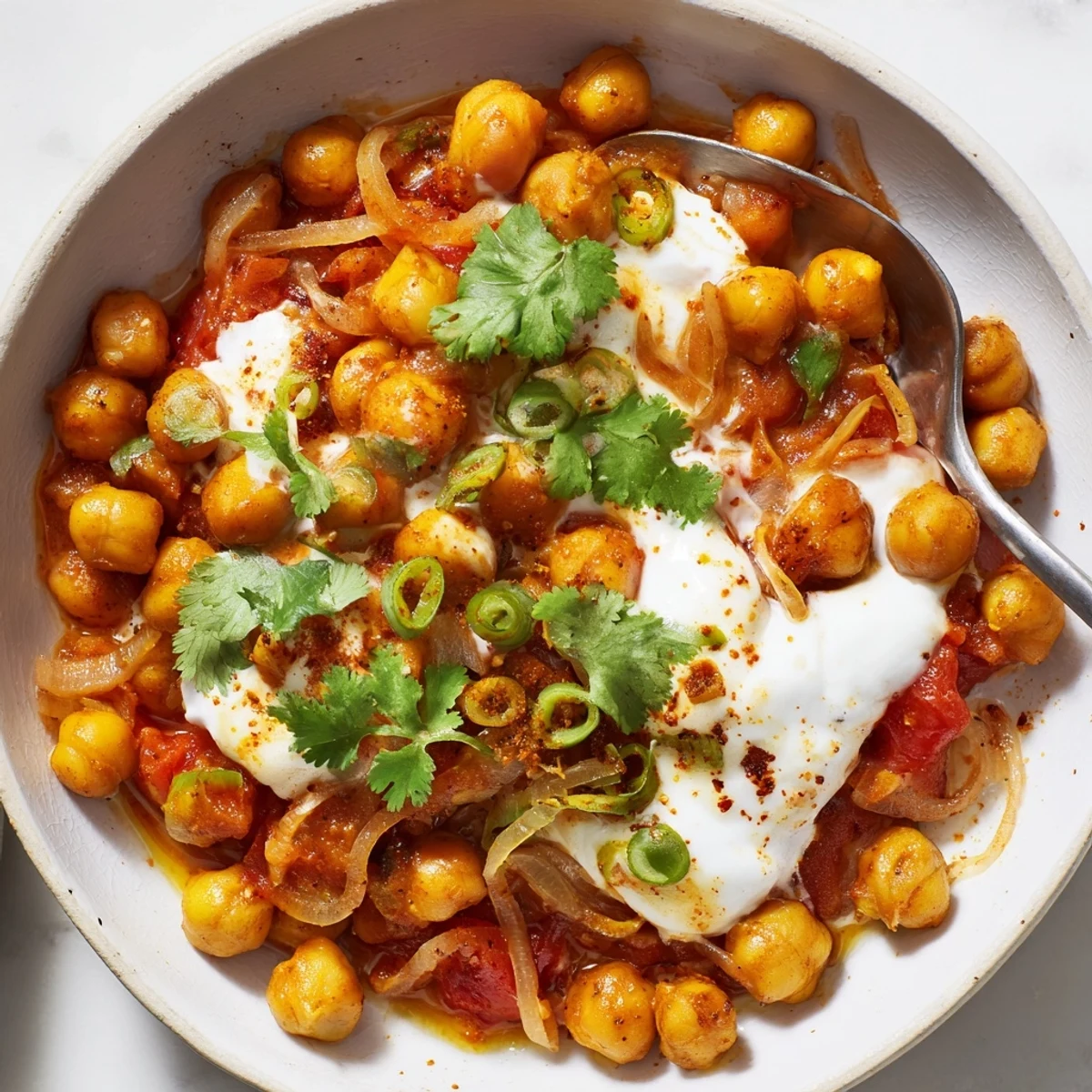 A skillet of tangy, spiced Greek Yogurt Chickpea Curry ready to spoon.