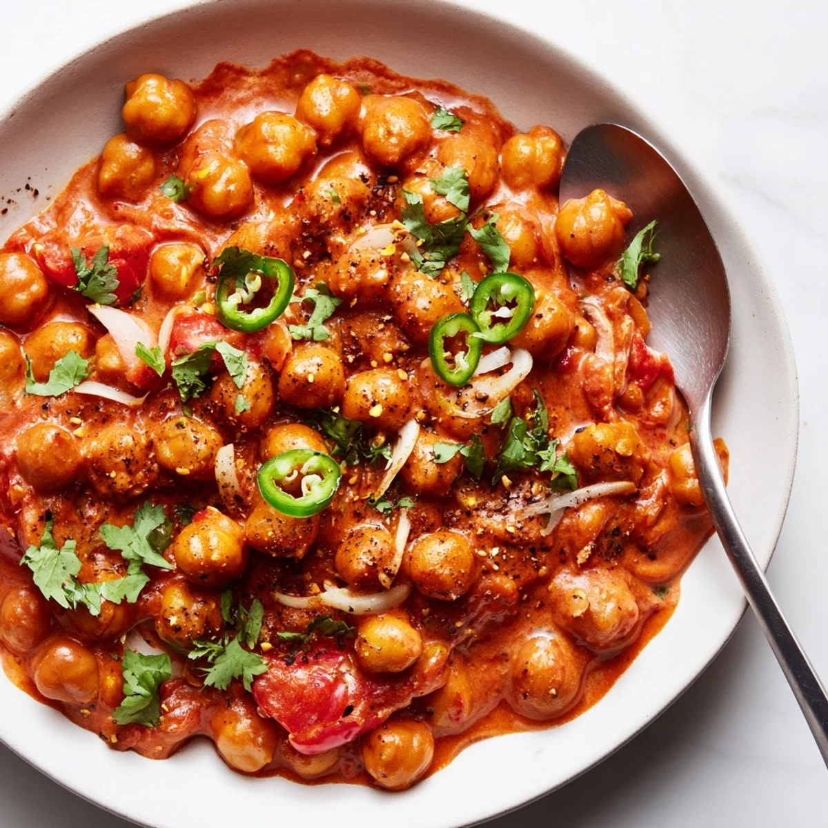 Steaming Greek Yogurt Chickpea Curry garnished with cilantro, served over basmati rice.